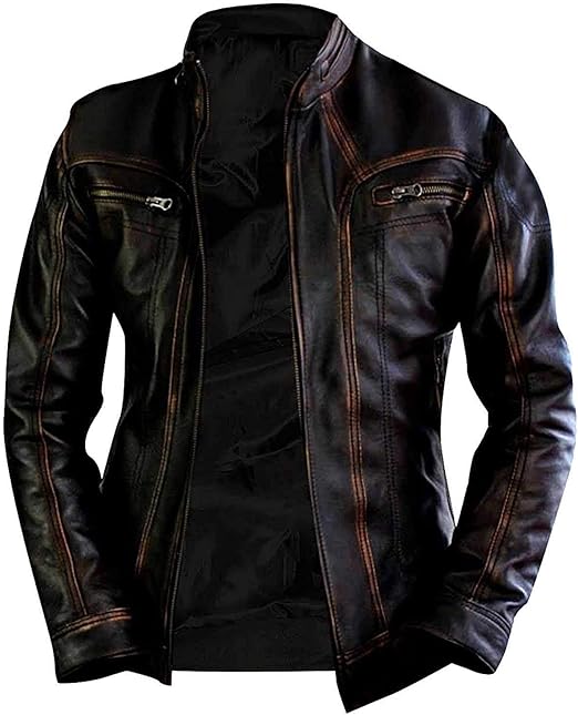 Men's Slim Fit Café Racer Biker Vintage Real Leather Jacket - Distressed Lambskin Motorcycle Jacket For Men