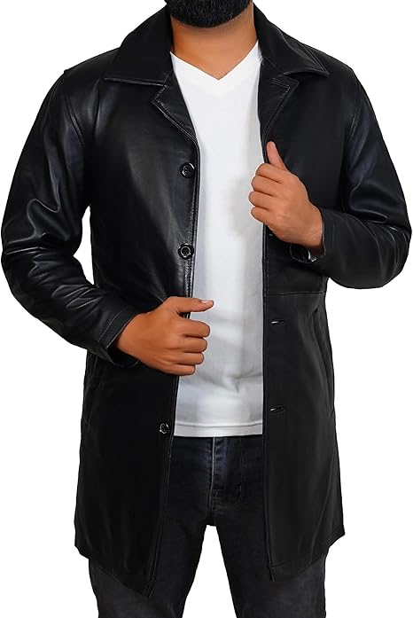 Mens Winchester Distressed Brown Leather Jacket - Classic Vintage Hunter Style Mid 3/4 Length Trench Car Coat