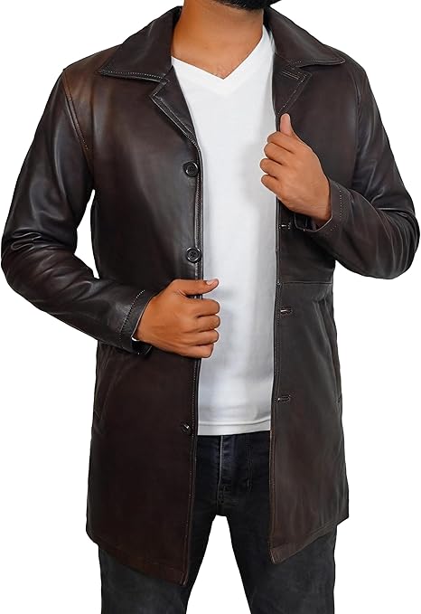 Mens Winchester Distressed Brown Leather Jacket - Classic Vintage Hunter Style Mid 3/4 Length Trench Car Coat