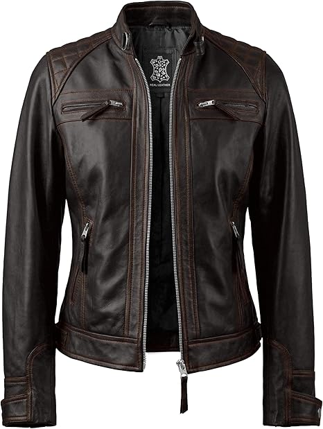 Womens Leather Jacket - Quilted Style Café Racer Motorcycle Leather Jacket Women