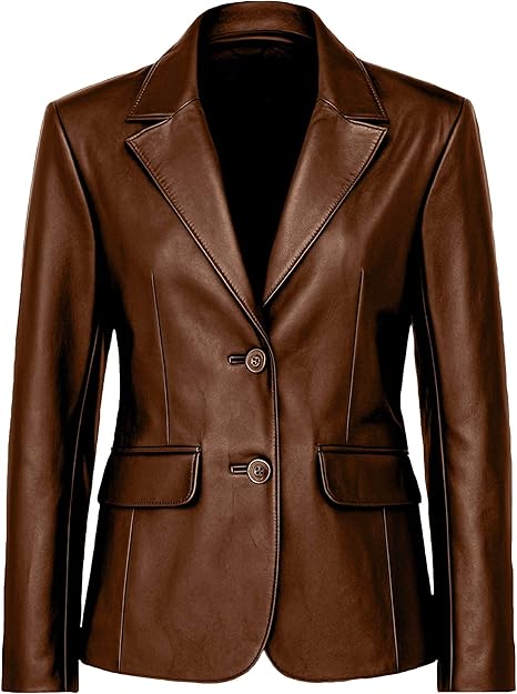 Women's 2 Button Black Leather Blazer - Real Lambskin Formal Tailored Blazer Women - Womens Leather Coats & Jackets