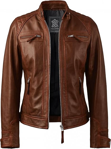 Womens Leather Jacket - Quilted Style Café Racer Motorcycle Leather Jacket Women